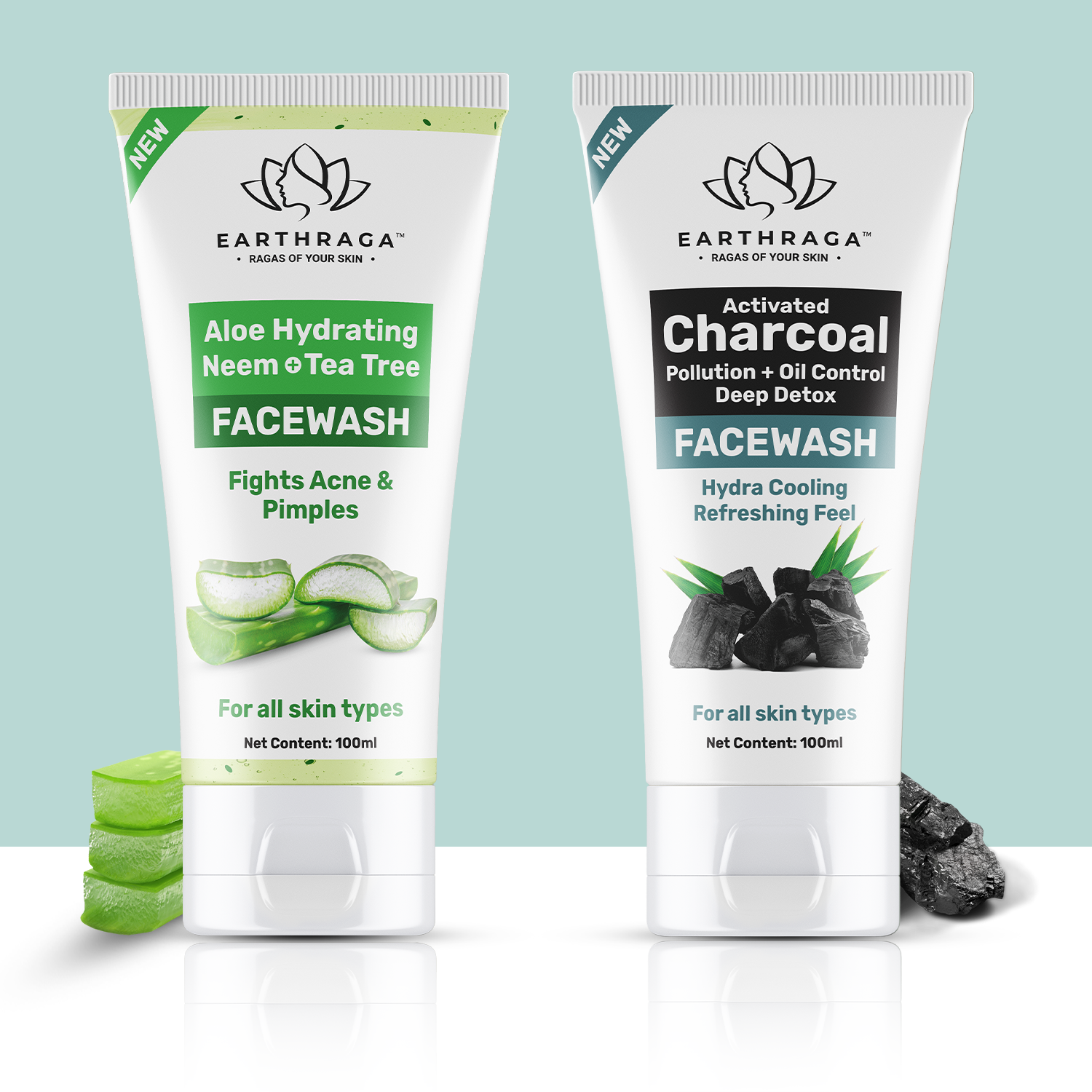 Earthraga Activated Charcoal Face Wash and Aloe Vera Neem Tea Tree Face Wash Combo