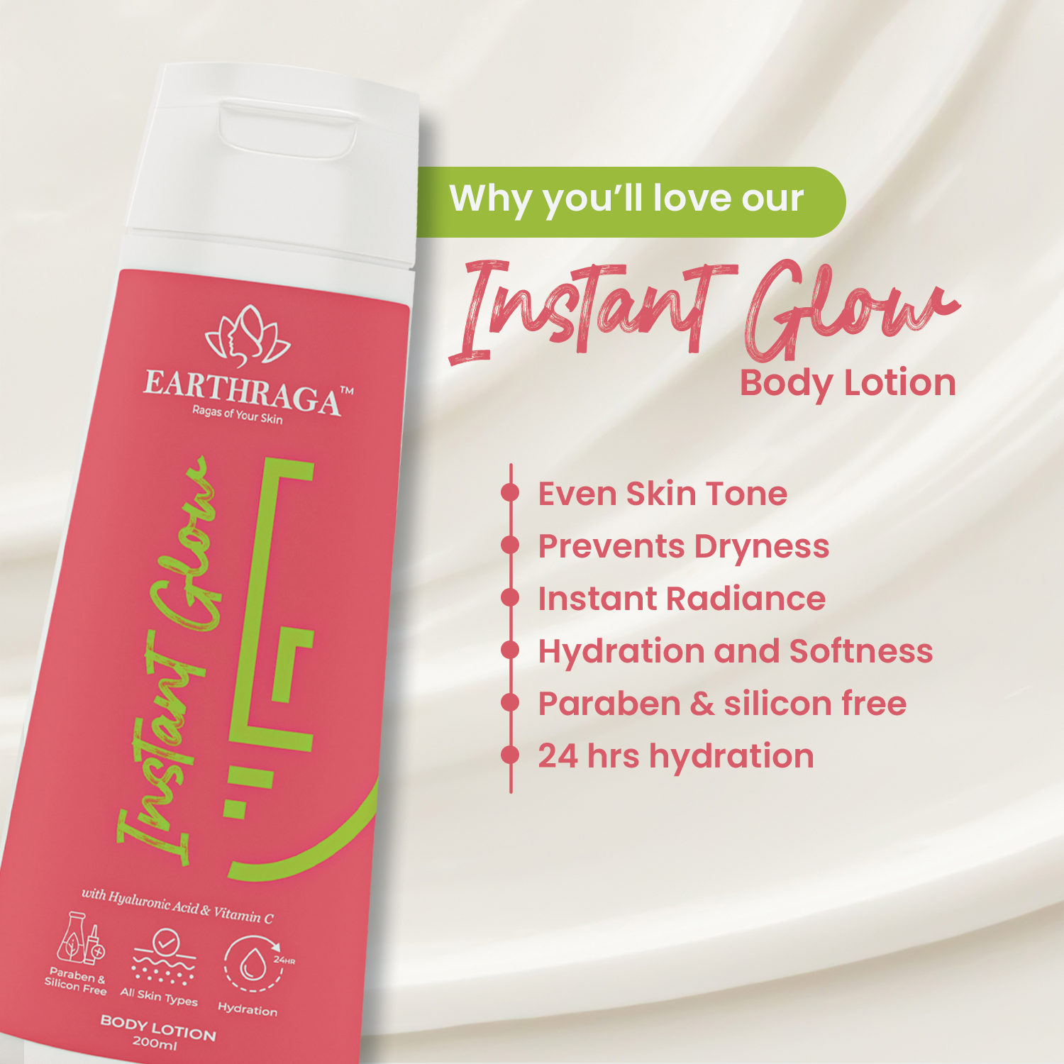 Instant Glow Body Lotion with Hyaluronic Acid & Vitamin C - contains 3% Hydagen Aquaporin