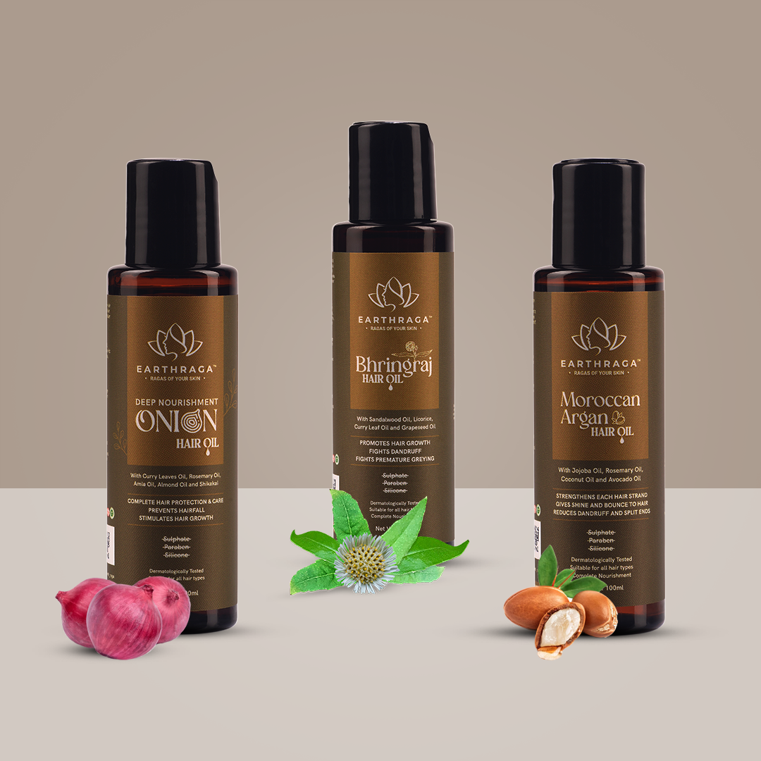 Earthraga Hair Oil Combo- Onion, Bhringraj and Moroccan Argan Hair Oil | 100 ml X 3  USE CODE QR500 for Rs.500 off