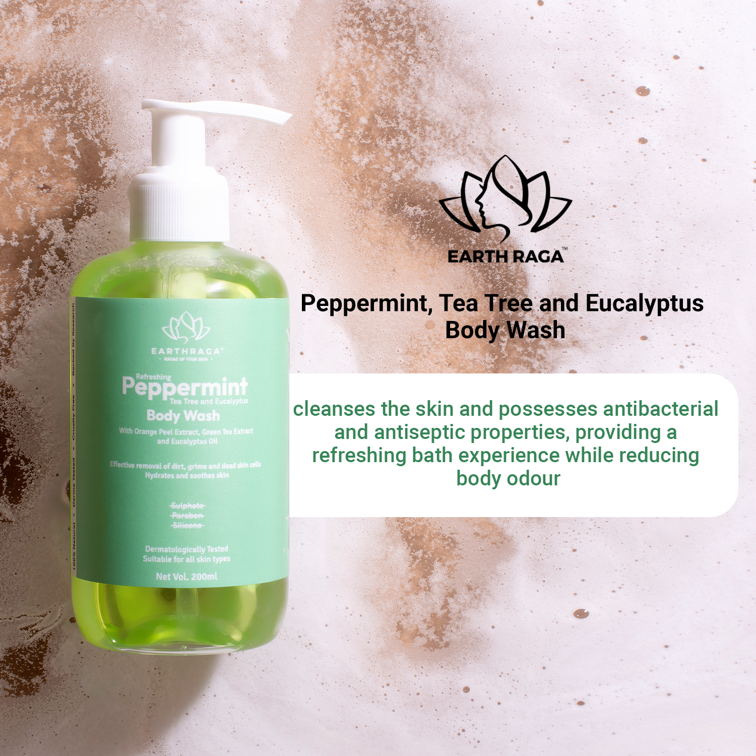 Earthraga Refreshing Peppermint, Tea Tree and Eucalyptus Body Wash |  200 ml